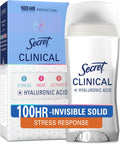 Secret Clinical Strength Invisible Solid Antiperspirant Deodorant for Women, 100HR Sweat & Odor Protection, 3X Stress Protection with Hyaluronic Acid, PH Balanced, Completely Clean Scent, 2.6 oz