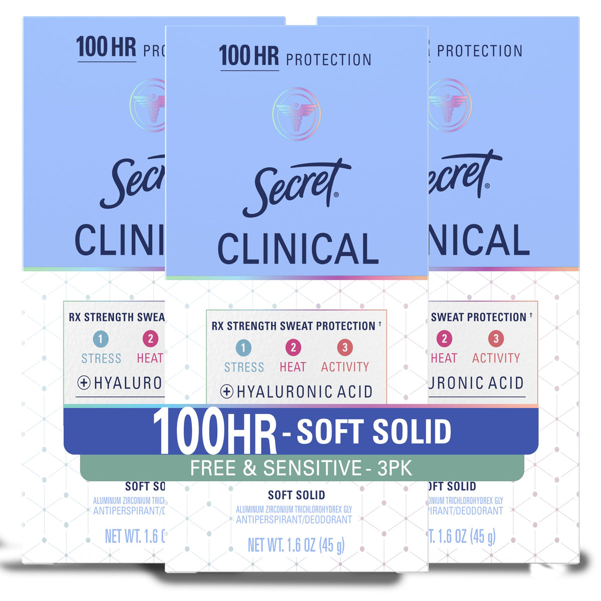 Secret Clinical Strength Antiperspirant Deodorant for Women, Stress Response, 3X Stress & 72hr Sweat & Odor Protection, PH Balancing Minerals, Soft Solid, 1.6 oz (Pack of 3)